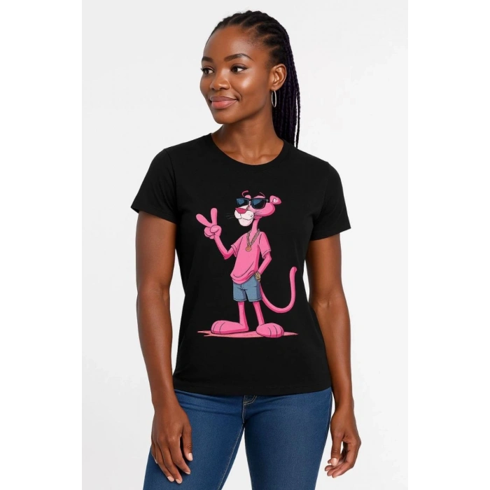 Kadın Bisiklet Yaka Kısa Kollu Baskılı T-shirt - Siyah