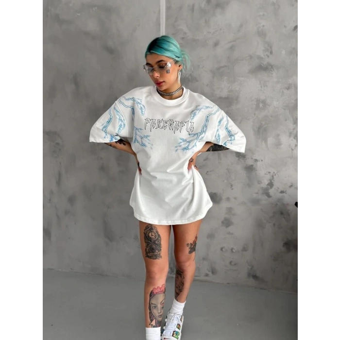 Kadın Bisiklet Yaka Yıldırım Baskılı Kısa kol  T-Shirt - Beyaz