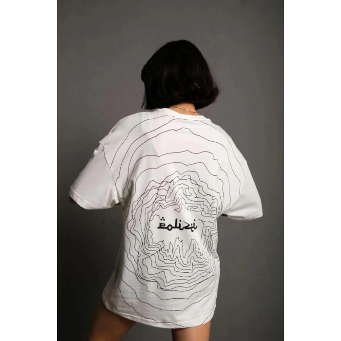 Kadın Bisiklet Yakalı Sırt Baskılı  Kısa kol Oversize T-Shirt - Beyaz