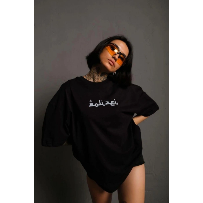 Kadın Bisiklet Yakalı Sırt Baskılı Oversize Kısa kol T-Shirt - Siyah