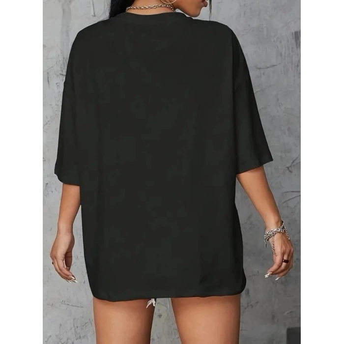 Kadın Brooklyn Baskılı Tişört Kısa Kol Bisiklet Yaka Oversize T-Shirt - Siyah