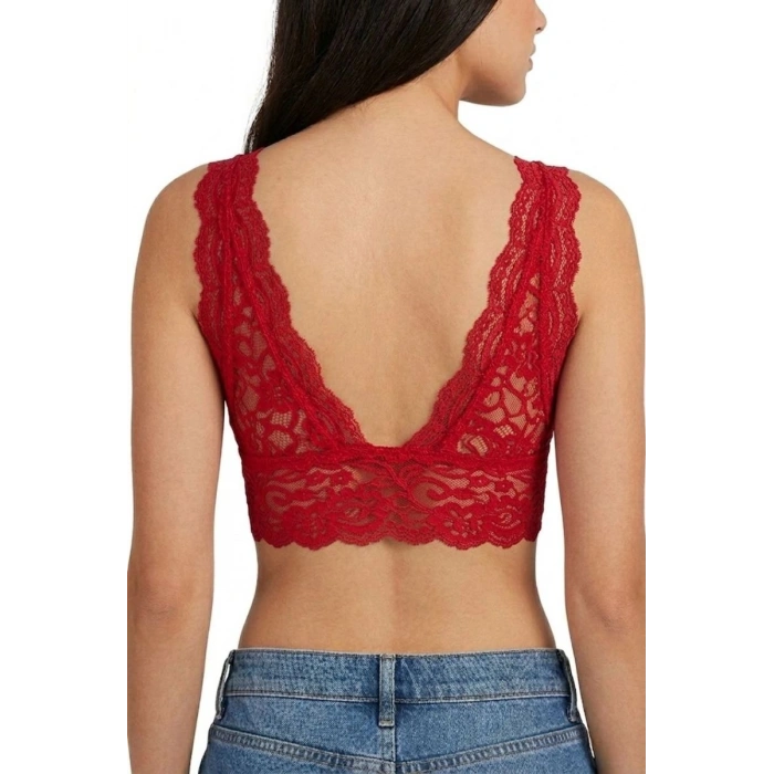 Kadın Dantel Bralet Crop Sütyen V Yaka Askılı Şık Esnek Rahat - Kırmızı