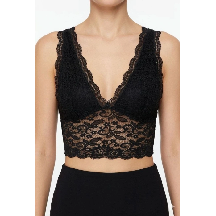 Kadın Dantel Bralet Crop Sütyen V Yaka Askılı Şık Esnek Rahat - Siyah