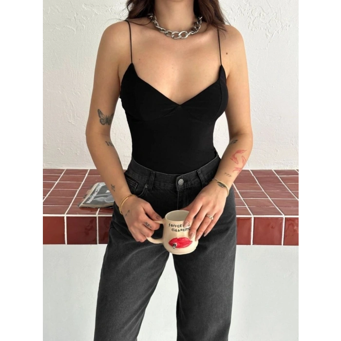 Kadın Derin Dekolte Askılı Body Sırt Dekolteli Şık Kolsuz Yazlık Bodysuit - Siyah