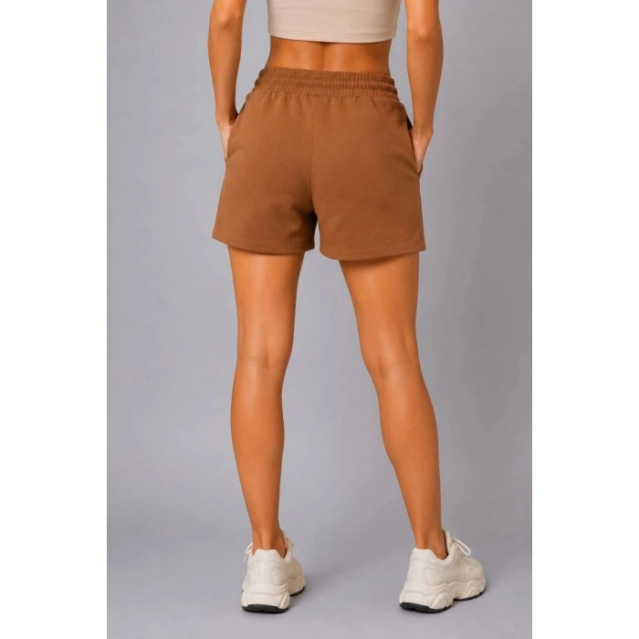 Kadın Dokuma Kumaş Cepli Bağcıklı Regular Fit Yazlık Şort - Kahverengi