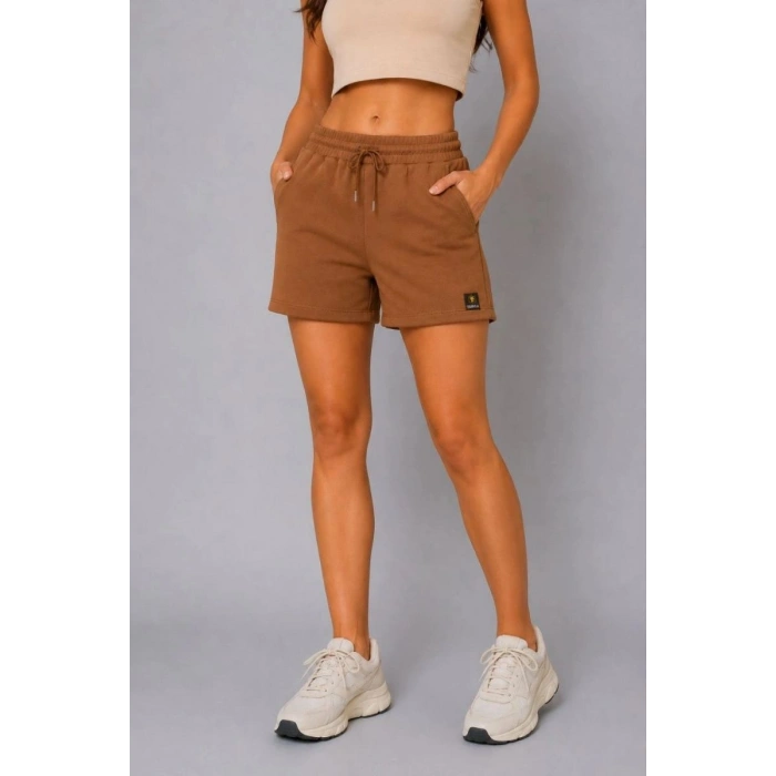 Kadın Dokuma Kumaş Cepli Bağcıklı Regular Fit Yazlık Şort - Kahverengi