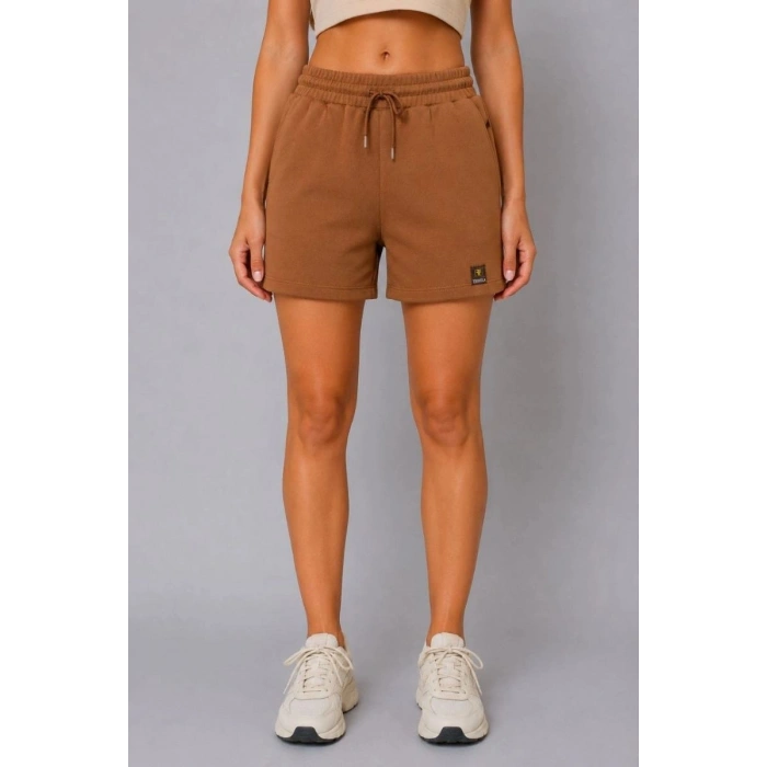 Kadın Dokuma Kumaş Cepli Bağcıklı Regular Fit Yazlık Şort - Kahverengi