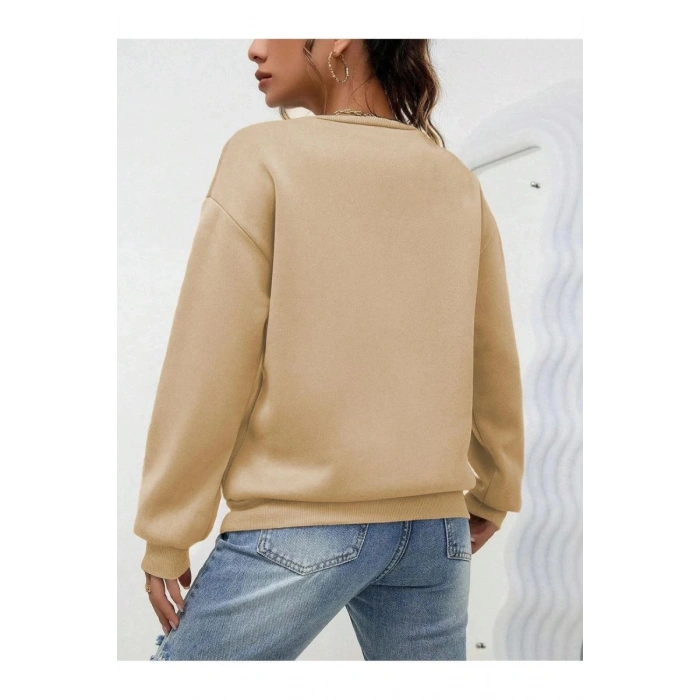 Kadın Düz Bisiklet Yaka 3 İplik  Sweatshirt - Bej