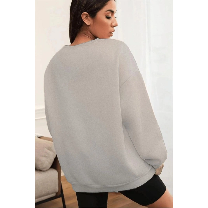 Kadın Düz Bisiklet Yaka 3 İplik Sweatshirt - Boyalı Gri