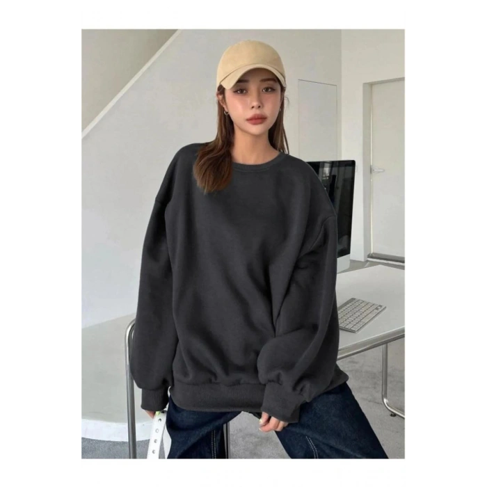 Kadın Düz Bisiklet Yaka 3 iplik Sweatshirt - Siyah