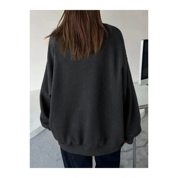 Kadın Düz Bisiklet Yaka 3 iplik Sweatshirt - Siyah
