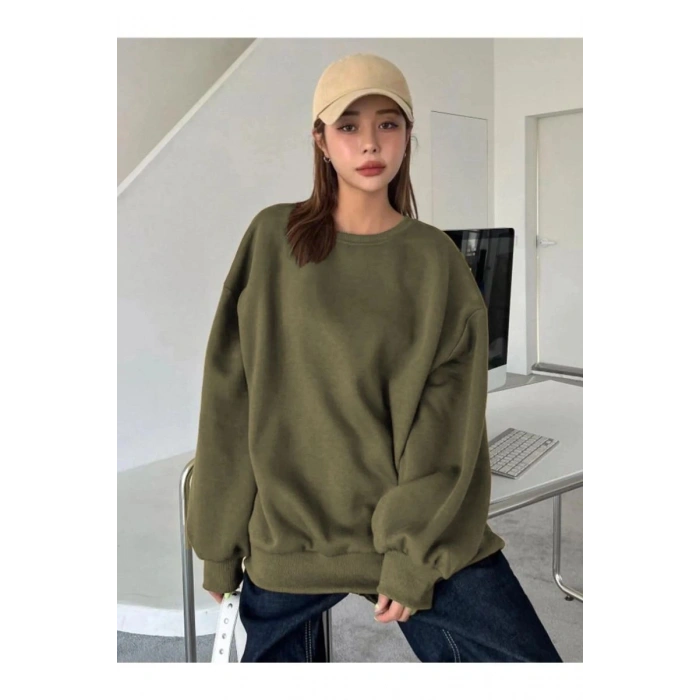 Kadın Düz Bisiklet Yaka 3 iplik  Sweatshirt - Yeşil