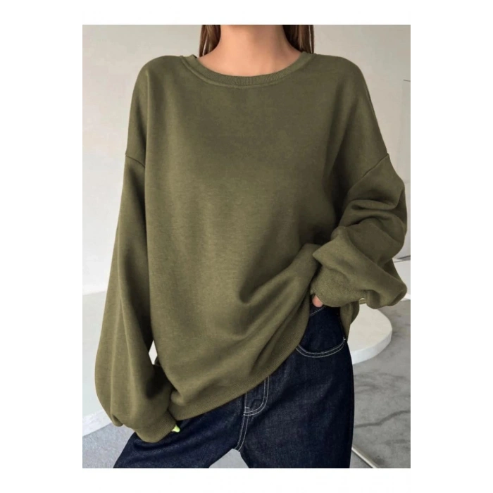 Kadın Düz Bisiklet Yaka 3 iplik  Sweatshirt - Yeşil