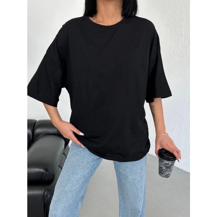 Kadın Düz T-Shirt Kısa Kol Bisiklet Yaka Oversize Tişört - Siyah