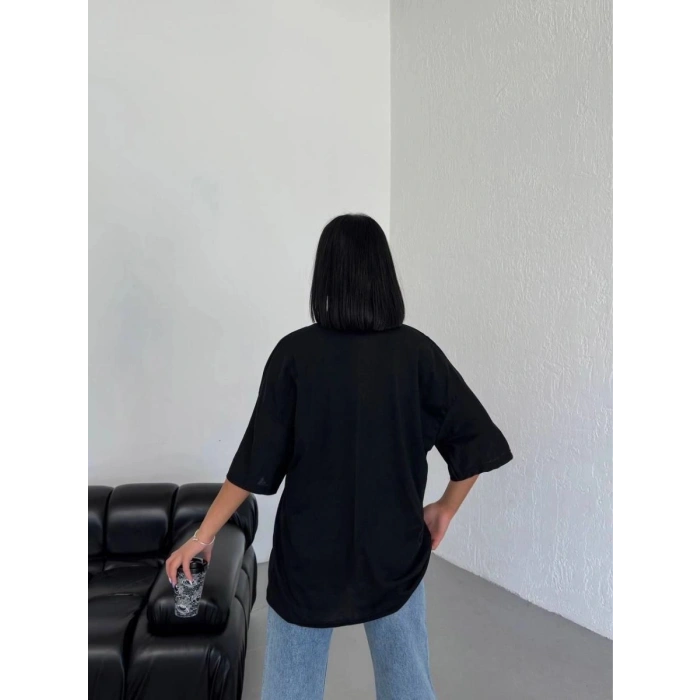 Kadın Düz T-Shirt Kısa Kol Bisiklet Yaka Oversize Tişört - Siyah