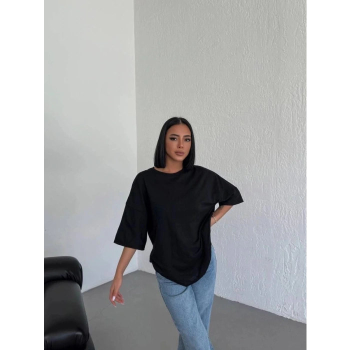 Kadın Düz T-Shirt Kısa Kol Bisiklet Yaka Oversize Tişört - Siyah