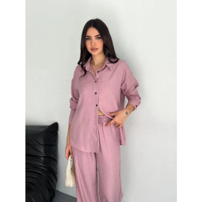 Kadın Gömlek Pantolon ikili Alt-Üst Takım - Toz Pembe