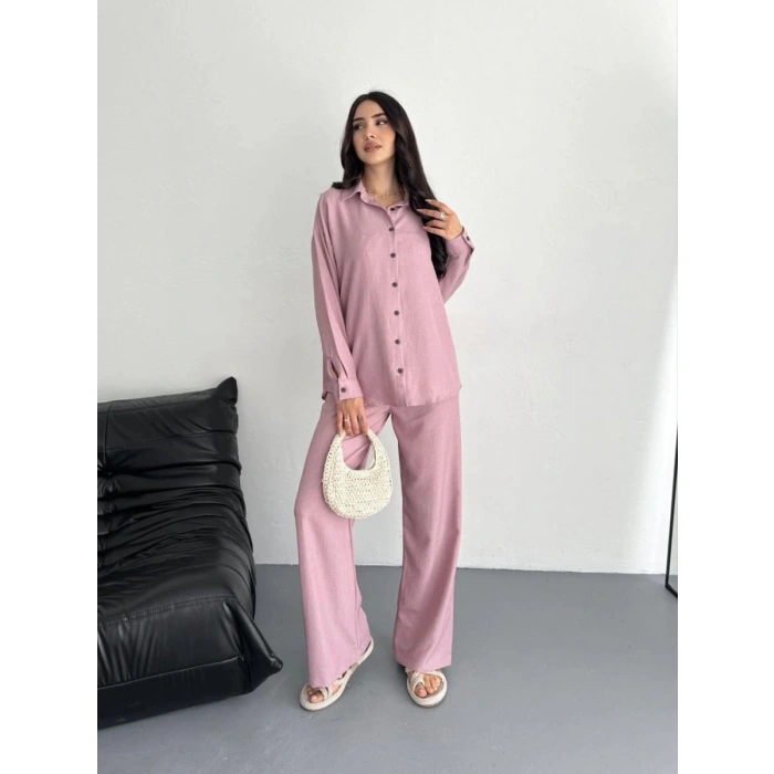 Kadın Gömlek Pantolon ikili Alt-Üst Takım - Toz Pembe