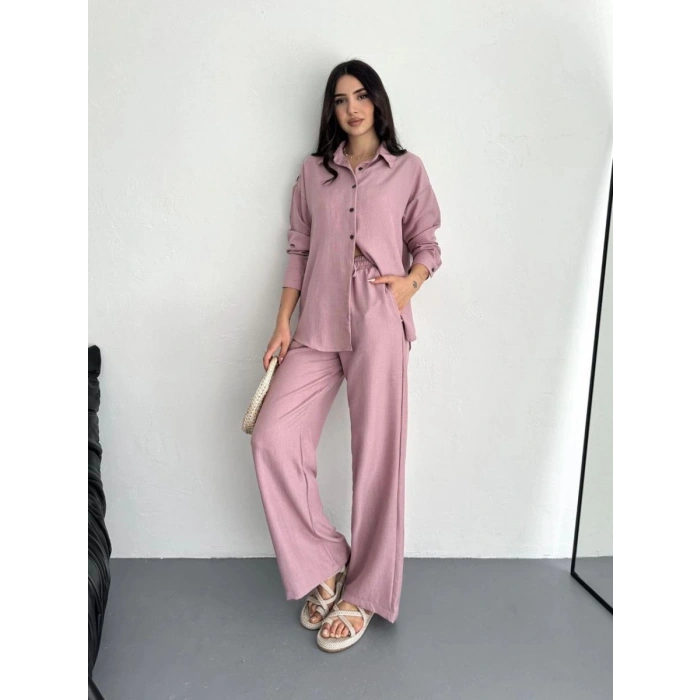 Kadın Gömlek Pantolon ikili Alt-Üst Takım - Toz Pembe