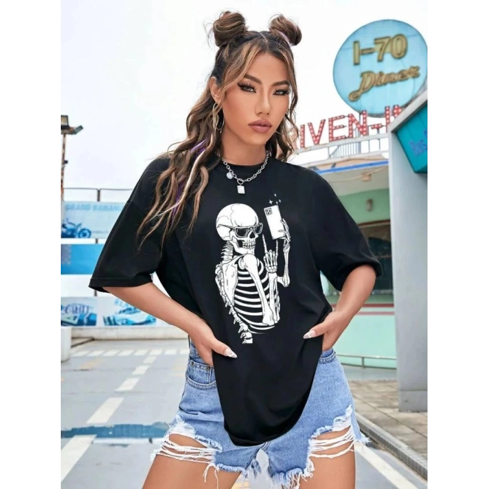 Kadın iskelet Baskılı T-Shirt Kısa Kol Bisiklet Yaka Oversize Tişört - Siyah