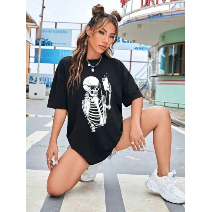 Kadın iskelet Baskılı T-Shirt Kısa Kol Bisiklet Yaka Oversize Tişört - Siyah