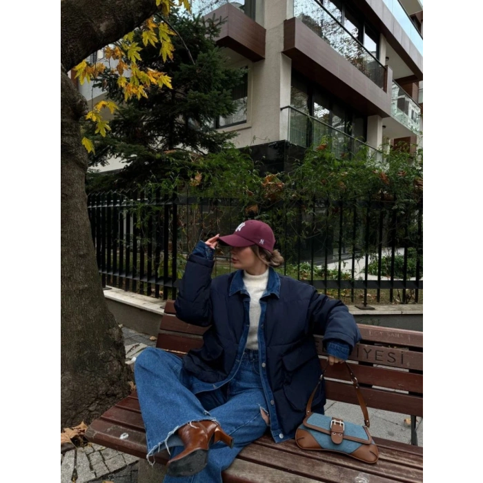 Kadın Jeans Detaylı Cıtcıtlı Ceket Mont - Lacivert