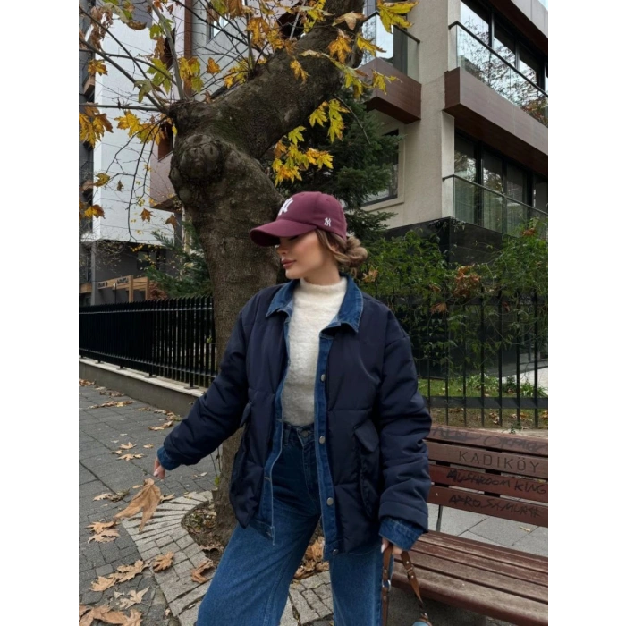 Kadın Jeans Detaylı Cıtcıtlı Ceket Mont - Lacivert
