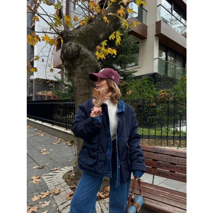 Kadın Jeans Detaylı Cıtcıtlı Ceket Mont - Lacivert