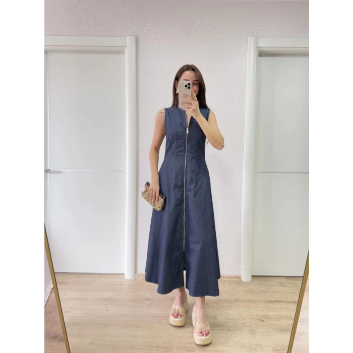 Kadın Jeans Kot Önü Tam Fermuarlı  Uzun Elbise - Mavi