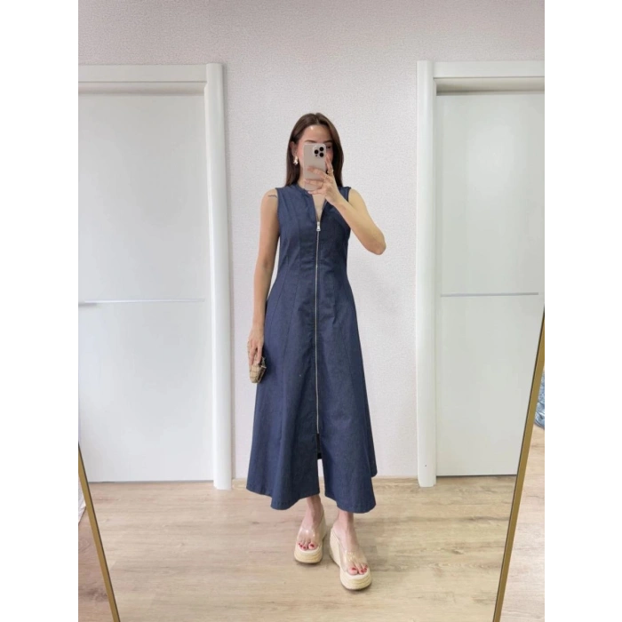 Kadın Jeans Kot Önü Tam Fermuarlı  Uzun Elbise - Mavi