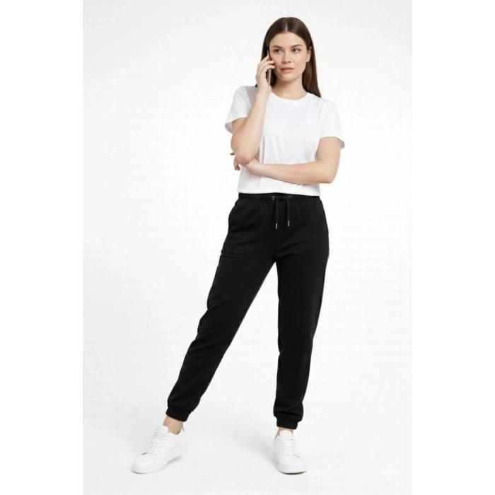 Kadın Jogger Eşofman Altı , Cepli, Paça Lastilkl ,Spor Pantolon - Siyah