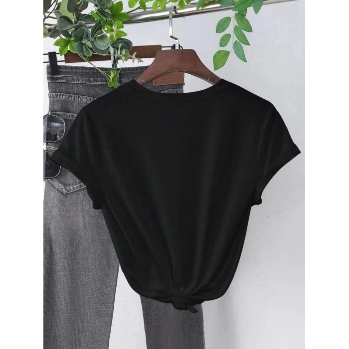 Kadın Kalp Baskılı T-Shirt Kısa Kol Bisiklet Yaka Oversize Tişört - Siyah