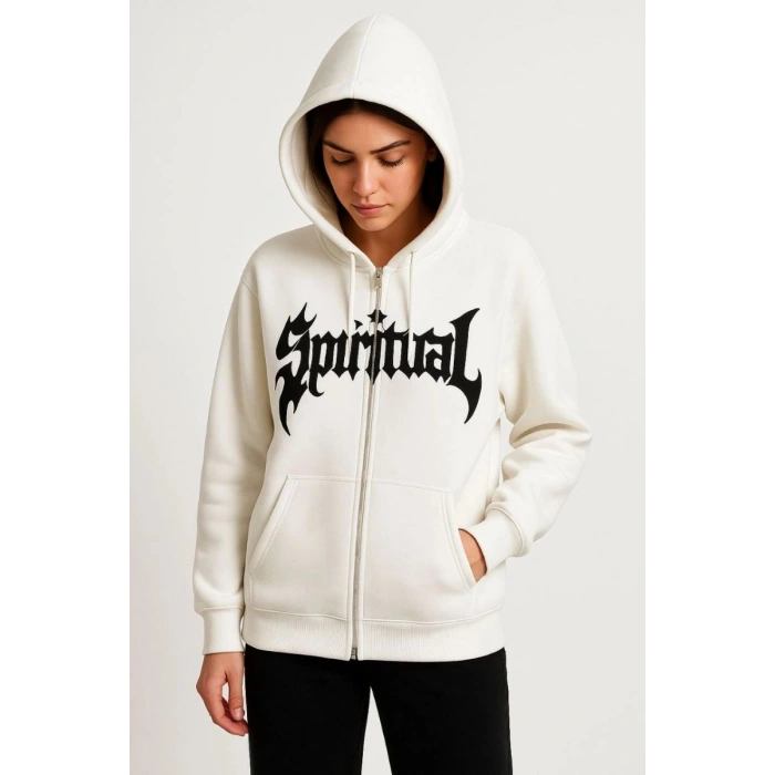 Kadın Kapüşonlu 3 İplik Pamuklu Önü Baskılı Fermuarlı Oversize Hoodie Sweatshirt - Beyaz