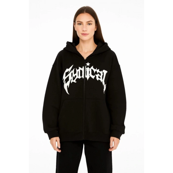 Kadın Kapüşonlu 3 İplik Şardonlu Önü Baskılı Fermuarlı Oversize Sweatshirt - Siyah