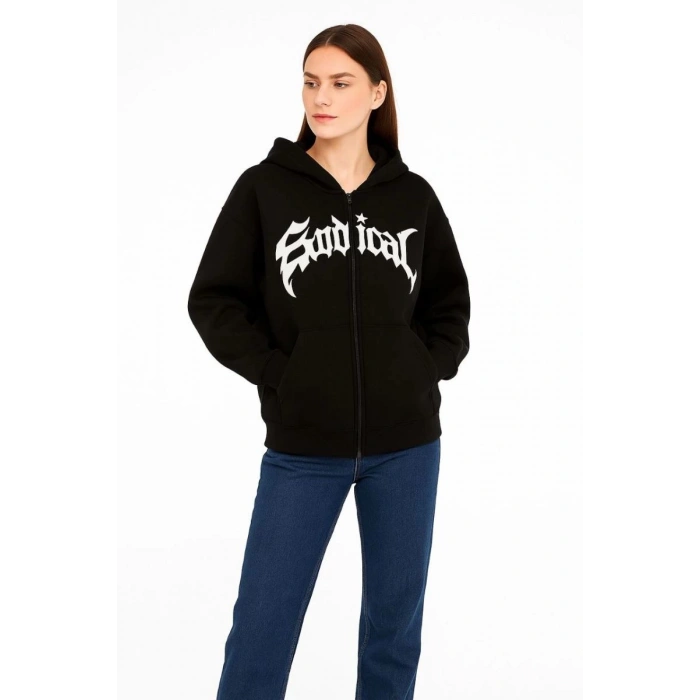 Kadın Kapüşonlu 3 İplik Şardonlu Önü Baskılı Fermuarlı Oversize Sweatshirt - Siyah
