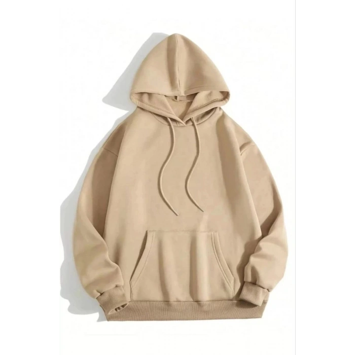 Kadın Kapüşonlu Kanguru Cepli 3 İplik Pamuklu Düz Hoodie Sweatshirt - Bej