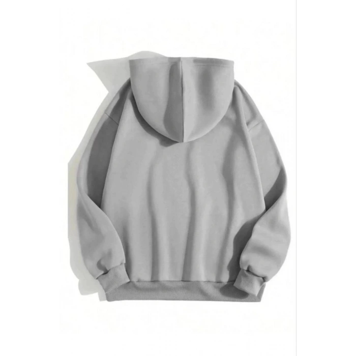 Kadın Kapüşonlu Kanguru Cepli 3 İplik Pamuklu Düz Hoodie Sweatshirt - Gri