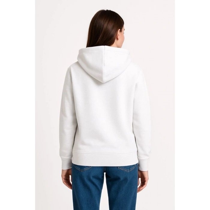 Kadın Kapüşonlu Kanguru Cepli 3 İplik Pamuklu Oversize Hoodie Sweatshirt - Beyaz