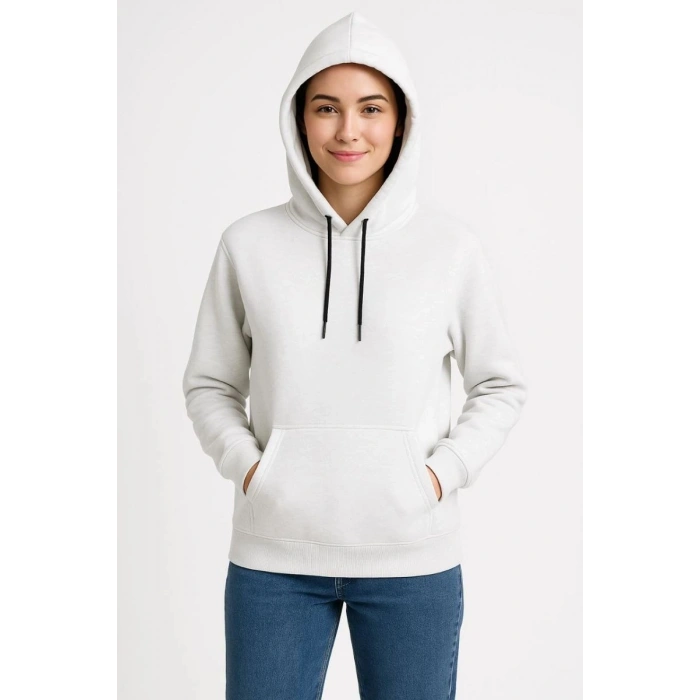 Kadın Kapüşonlu Kanguru Cepli 3 İplik Pamuklu Oversize Hoodie Sweatshirt - Beyaz