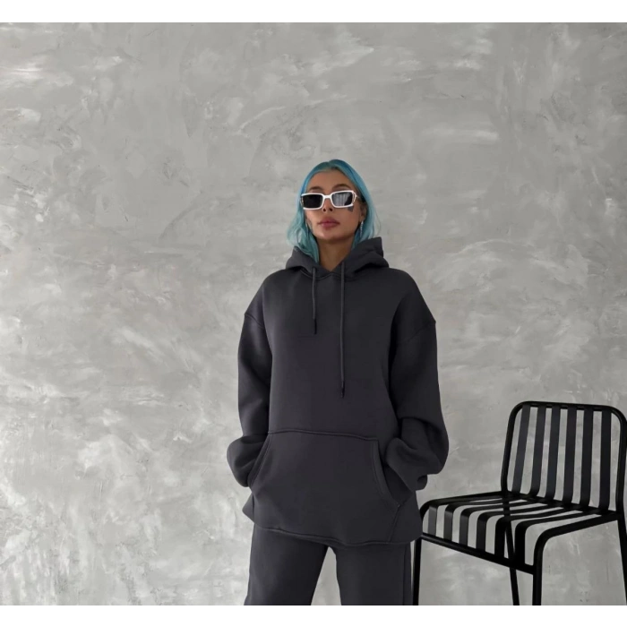 Kadın Kapüşonlu Kanguru Cepli 3 İplik Pamuklu Oversize Hoodie Sweatshirt - Füme
