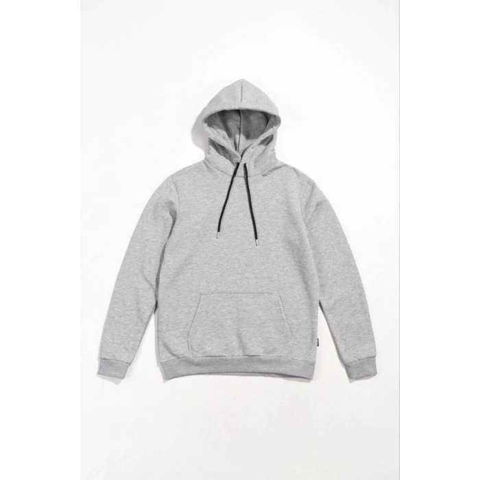 Kadın Kapüşonlu Kanguru Cepli 3 İplik Pamuklu Oversize Hoodie Sweatshirt -  Gri