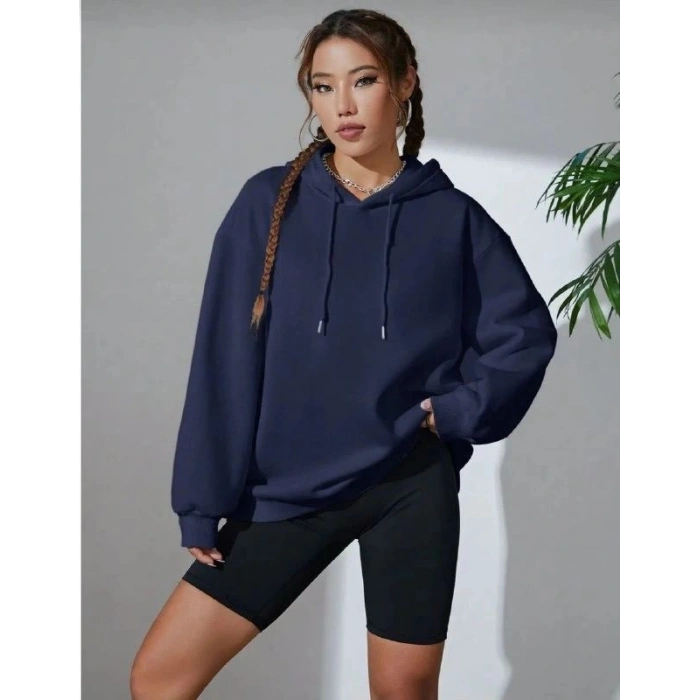 Kadın Kapüşonlu Kanguru Cepli 3 İplik Pamuklu Oversize Hoodie Sweatshirt - Lacivert