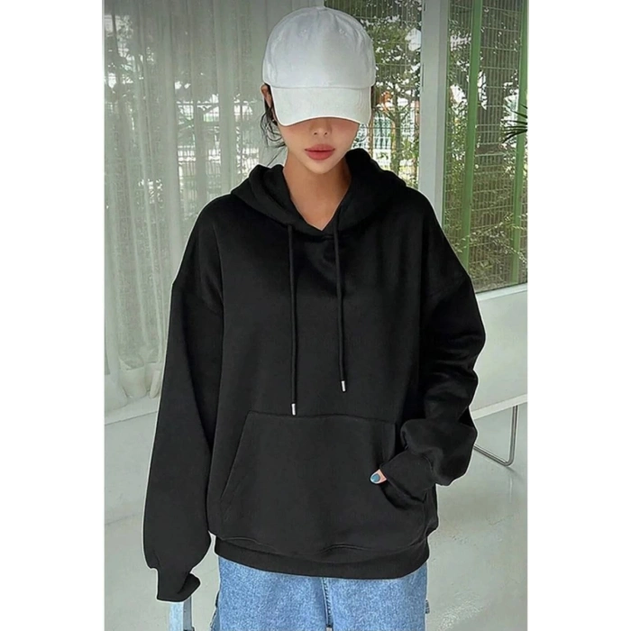 Kadın Kapüşonlu Kanguru Cepli 3 İplik Pamuklu Oversize Hoodie Sweatshirt - Siyah