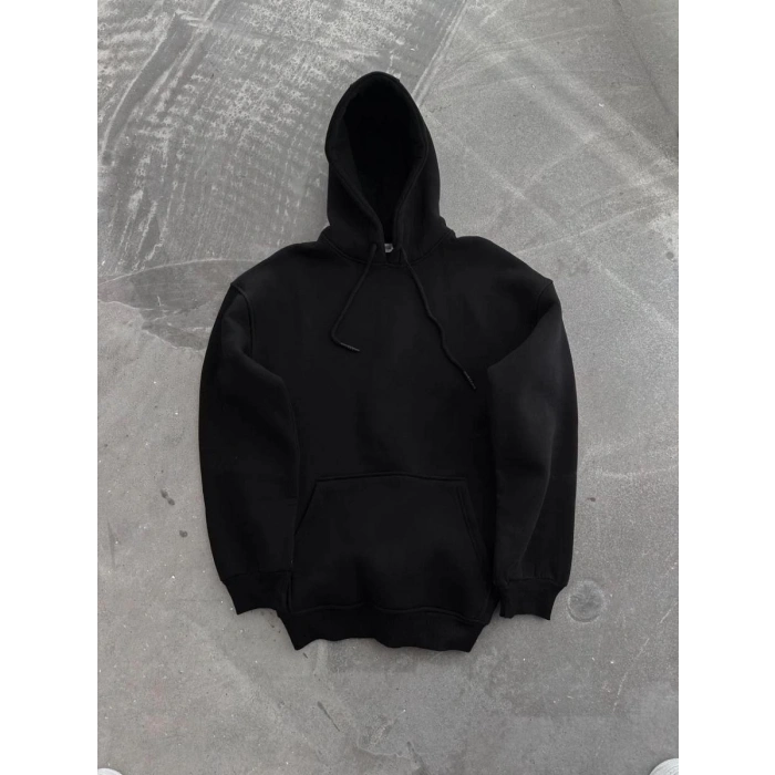 Kadın Kapüşonlu Kanguru Cepli 3 İplik Pamuklu Oversize Hoodie Sweatshirt - Siyah