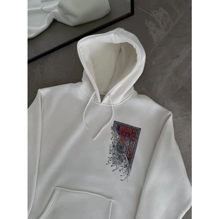 Kadın Kapüşonlu Kanguru Cepli Sweatshirt 3 İplik Pamuklu Baskılı Hoodie - Beyaz