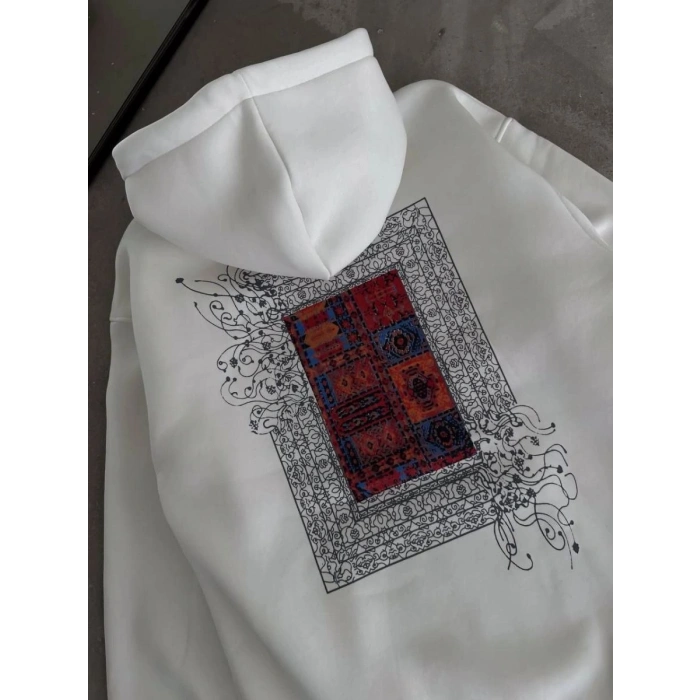 Kadın Kapüşonlu Kanguru Cepli Sweatshirt 3 İplik Pamuklu Baskılı Hoodie - Beyaz