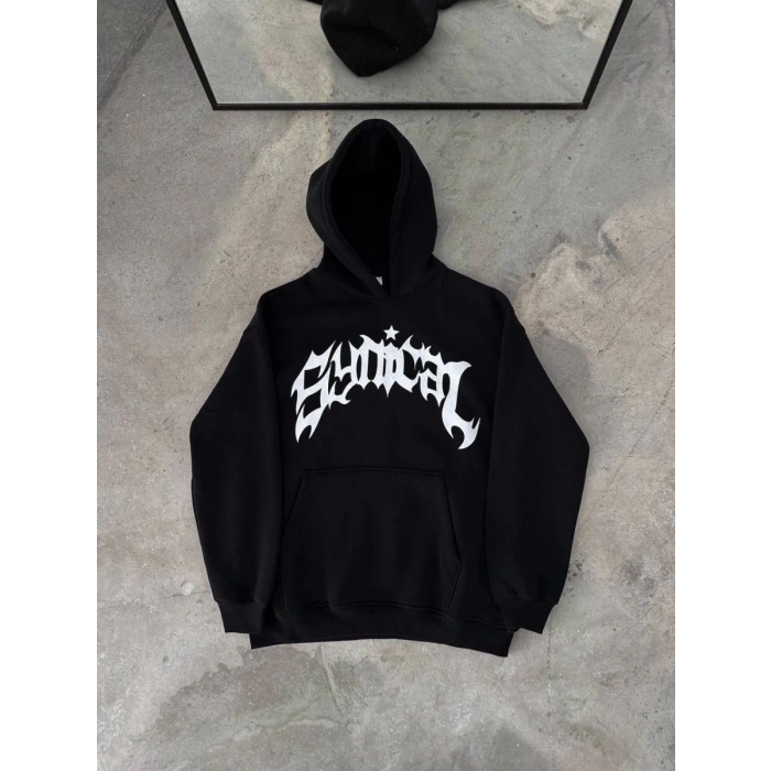 Kadın Kapüşonlu Kanguru Cepli Sweatshirt 3 İplik Pamuklu Baskılı Hoodie -  Siyah