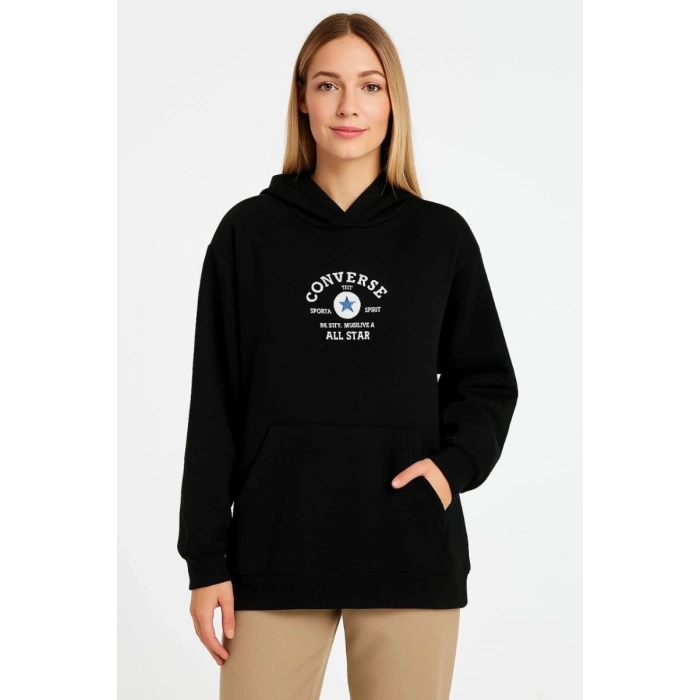 Kadın Kapüşonlu Kanguru Cepli Sweatshirt 3 İplik Pamuklu Baskılı Hoodie - Siyah