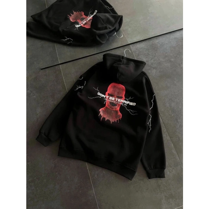Kadın Kapüşonlu Kanguru Cepli Sweatshirt 3 İplik Pamuklu Baskılı Hoodie - Siyah