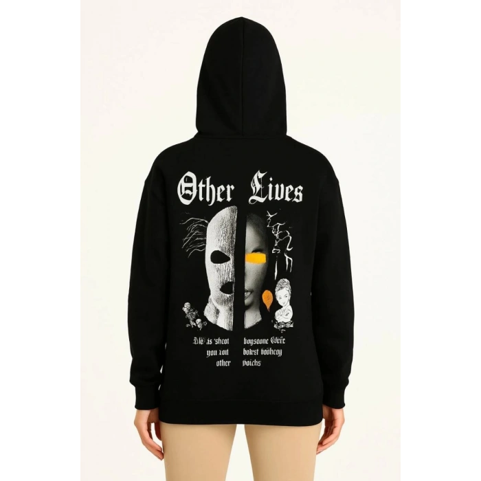Kadın Kapüşonlu Kanguru Cepli Sweatshirt 3 İplik Pamuklu Baskılı Hoodie - Siyah
